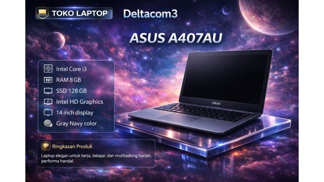 Asus A407 Processor Intel Core i3 gen 7, RAM 8GB, SSD 128GB, Display 14inc, Warna Abu2 Kebiruan