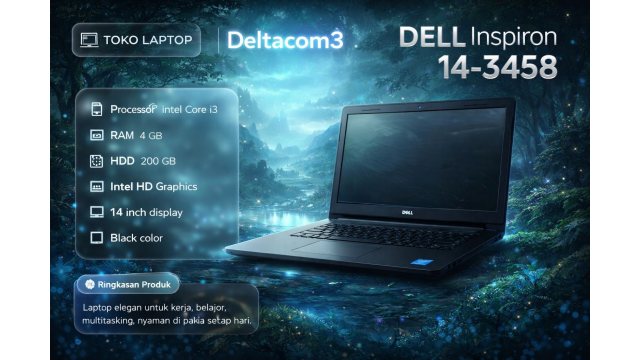 DELL INSPIRON 14 3458 PROCESSOR INTEL CORE i3, RAM 4GB, HDD 200GB, Display 14inc, Warna Hitam